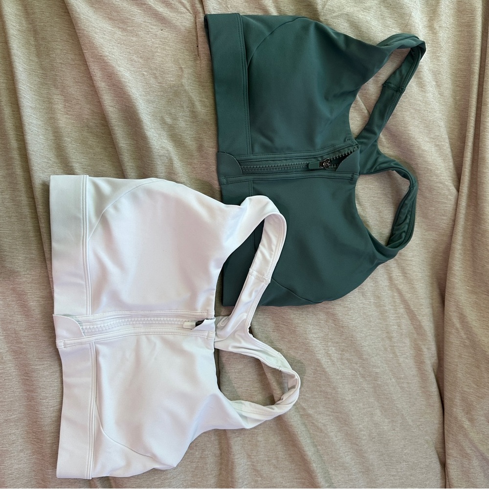 Women's Zipper Front Sports Bras - White and Green